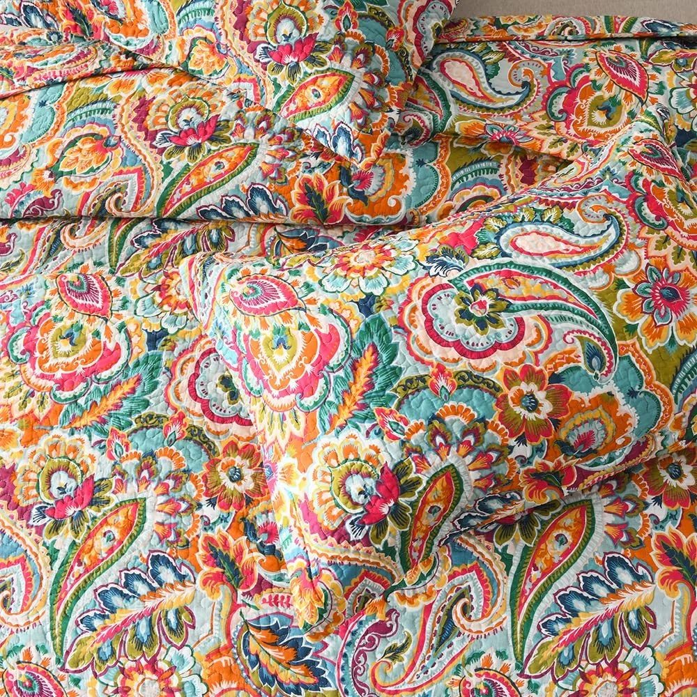 Покрывало VISIMISI Хлопок Белый Цветы Пейсли 240 x 260 см, Накидка на кровать 250 x 270 см, С 2 Наволочками, Двустороннее, Всесезонное для Двуспальной кровати, фото №6