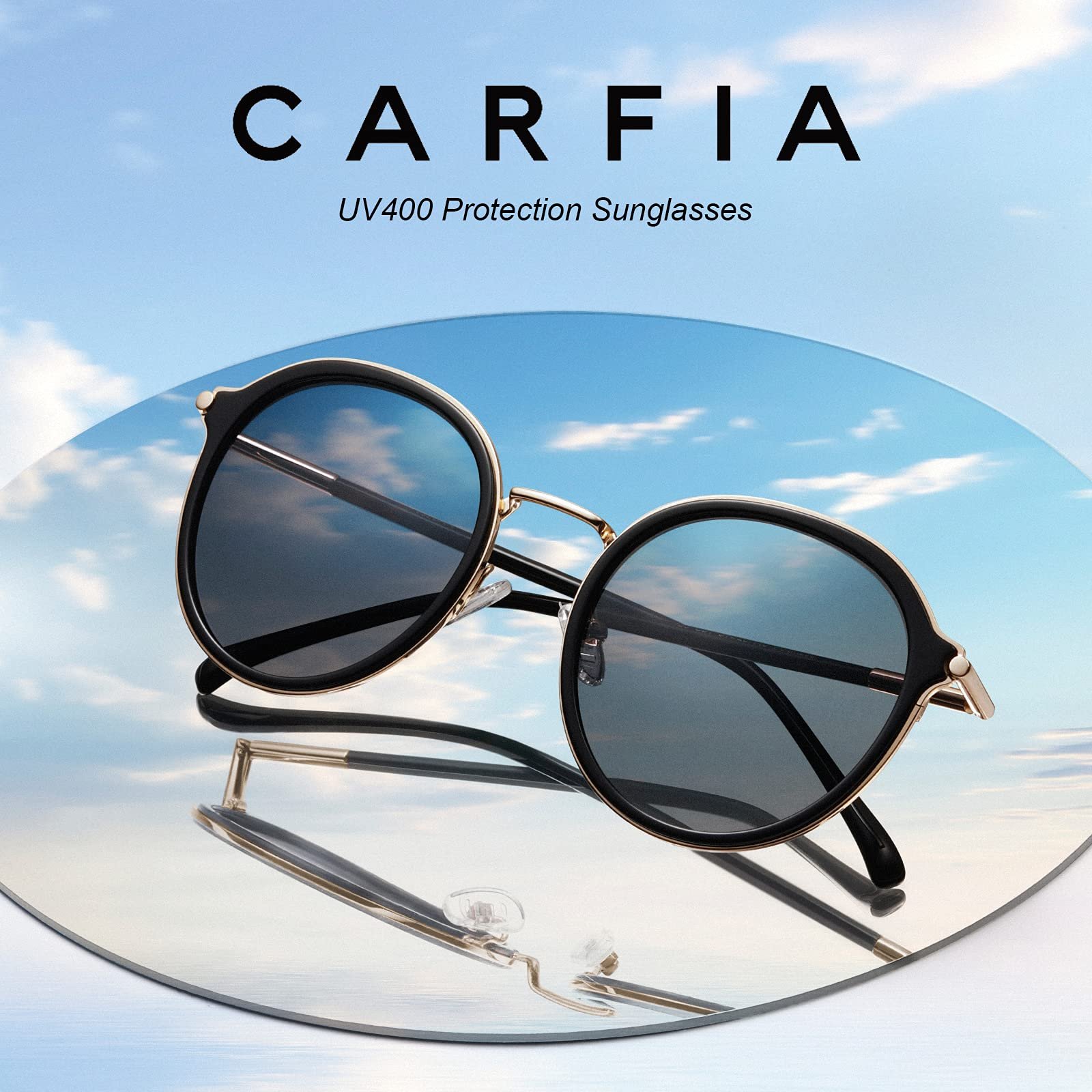 Вінтажні круглі жіночі сонцезахисні окуляри CARFIA Polarised 100% UV Protection з футляром Category 3, фото №4