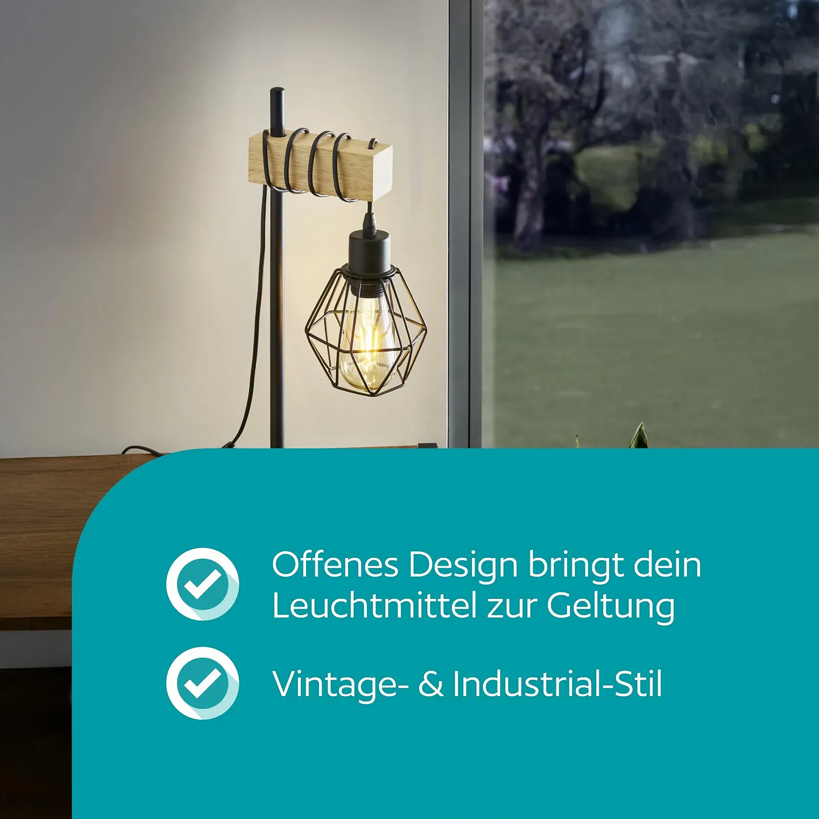 Настільна лампа EGLO Townshend 5 Сталь Дерево Чорний Коричневий E27, фото №3