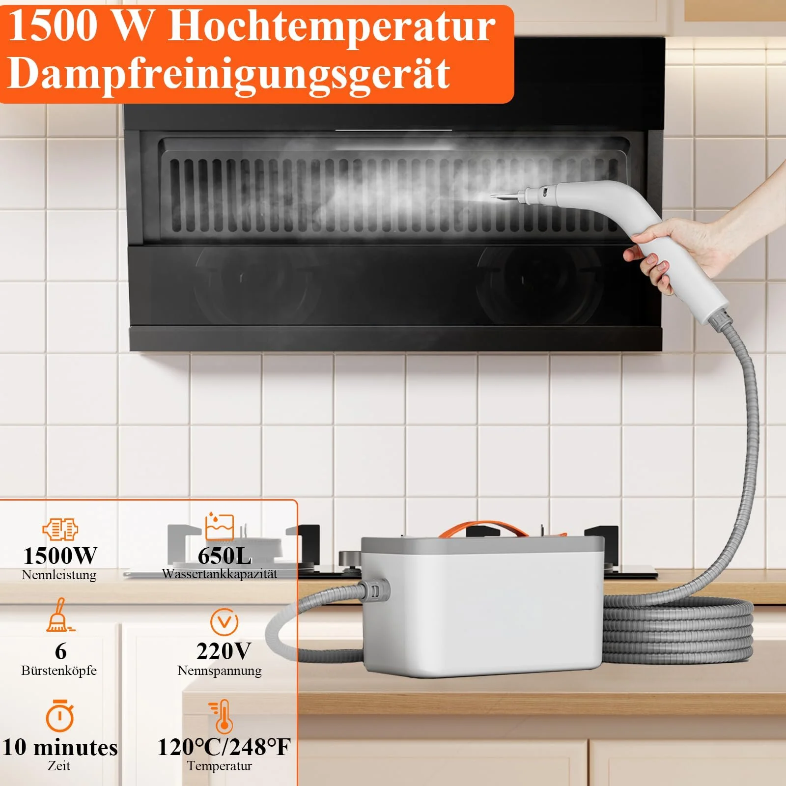 Ручний пароочисник hiee з 6 насадками-щітками, компактний пристрій для ефективного глибокого очищення, ідеально підходить для дому, автомобіля та іншого, фото №2