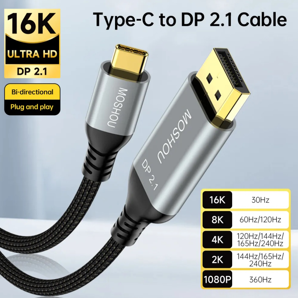 Кабель мультимедійний MOSHOU USB-C to DisplayPort DP2.1 16K30Hz 8K120Hz 80Gbps Thunderbolt 4 1.5 метри, фото №1