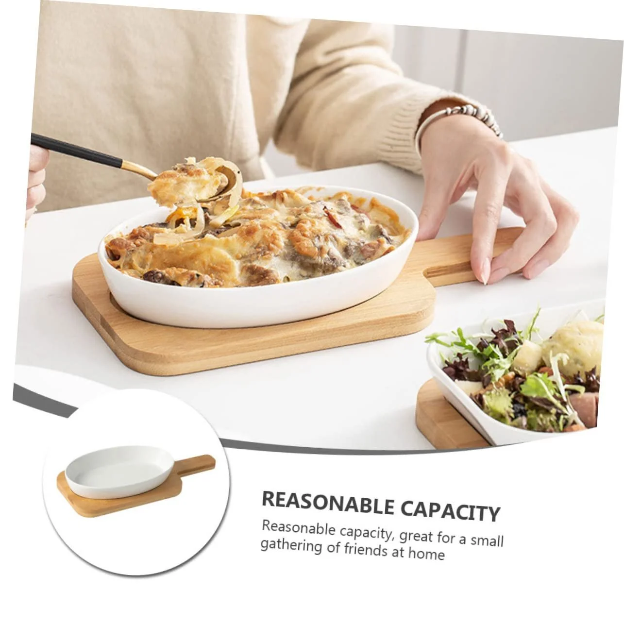 Набір форм для запікання керамічний овальний з дерев'яною підставкою для мікрохвильової печі та духовки легкий, фото №9