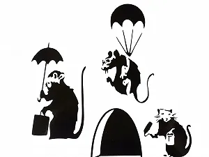 Набір наклейок на стіну Banksy Мишача нора SMALL BANKSY RAT WITH PAINT TIN AND ROLLER / PARATROOPER / UMBRELLA 3 шт. 11х5 см - Фото 1