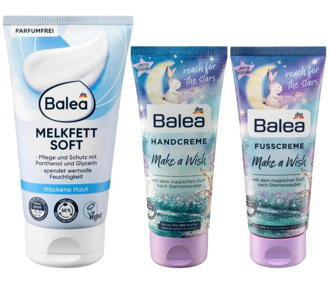 Набор для ухода за кожей Balea: Увлажняющий крем для сухой кожи с пантенолом, глицерином, без отдушек (150 мл) + Крем для рук Make a Wish (100 мл) + Крем для ног Make a Wish (100 мл), 350 мл, фото №1 Набор для ухода за кожей Balea: Увлажняющий крем для сухой кожи с пантенолом, глицерином, без отдушек (150 мл) + Крем для рук Make a Wish (100 мл) + Крем для ног Make a Wish (100 мл), 350 мл, фото №1