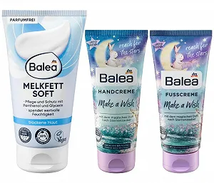 Набор для ухода за кожей Balea: Увлажняющий крем для сухой кожи с пантенолом, глицерином, без отдушек (150 мл) + Крем для рук Make a Wish (100 мл) + Крем для ног Make a Wish (100 мл), 350 мл - Фото 1