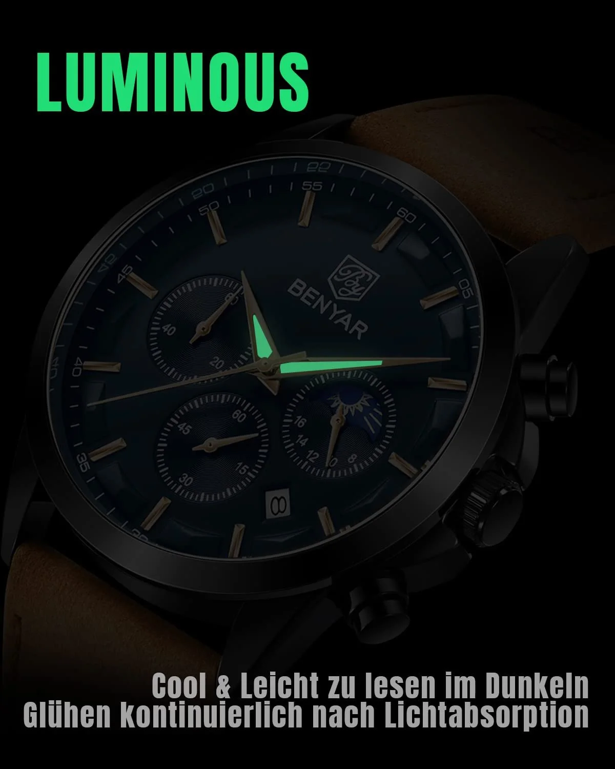 Годинник чоловічий Benyar Хронограф Кварцовий Шкіряний ремінець / нержавіюча сталь, фото №5