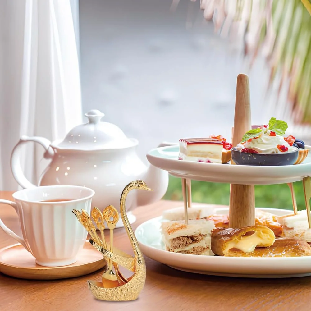 Ложка чайная, Эспрессо Ложка, Десертная Ложка, Кофейная Ложка с Держателем в Форме Лебедя, Маленькая Ложка, Металлический Органайзер с 6 Ложками, Набор Чайных Ложек для Чая, Кофе, Десерта, Можно мыть в посудомоечной машине, фото №5