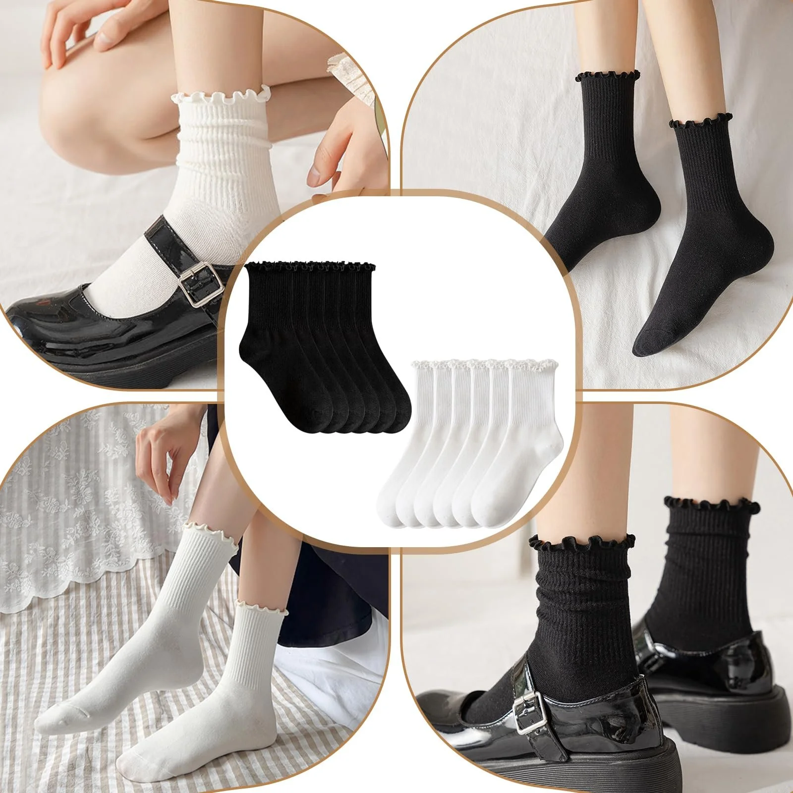 Носки с рюшами 12 пар, Женские, Белые и Черные Носки с Рюшами, Дышащие Хлопковые Носки, Мягкие Носки до Щиколотки для Ежедневного Использования, Досуга, Подарок, фото №7