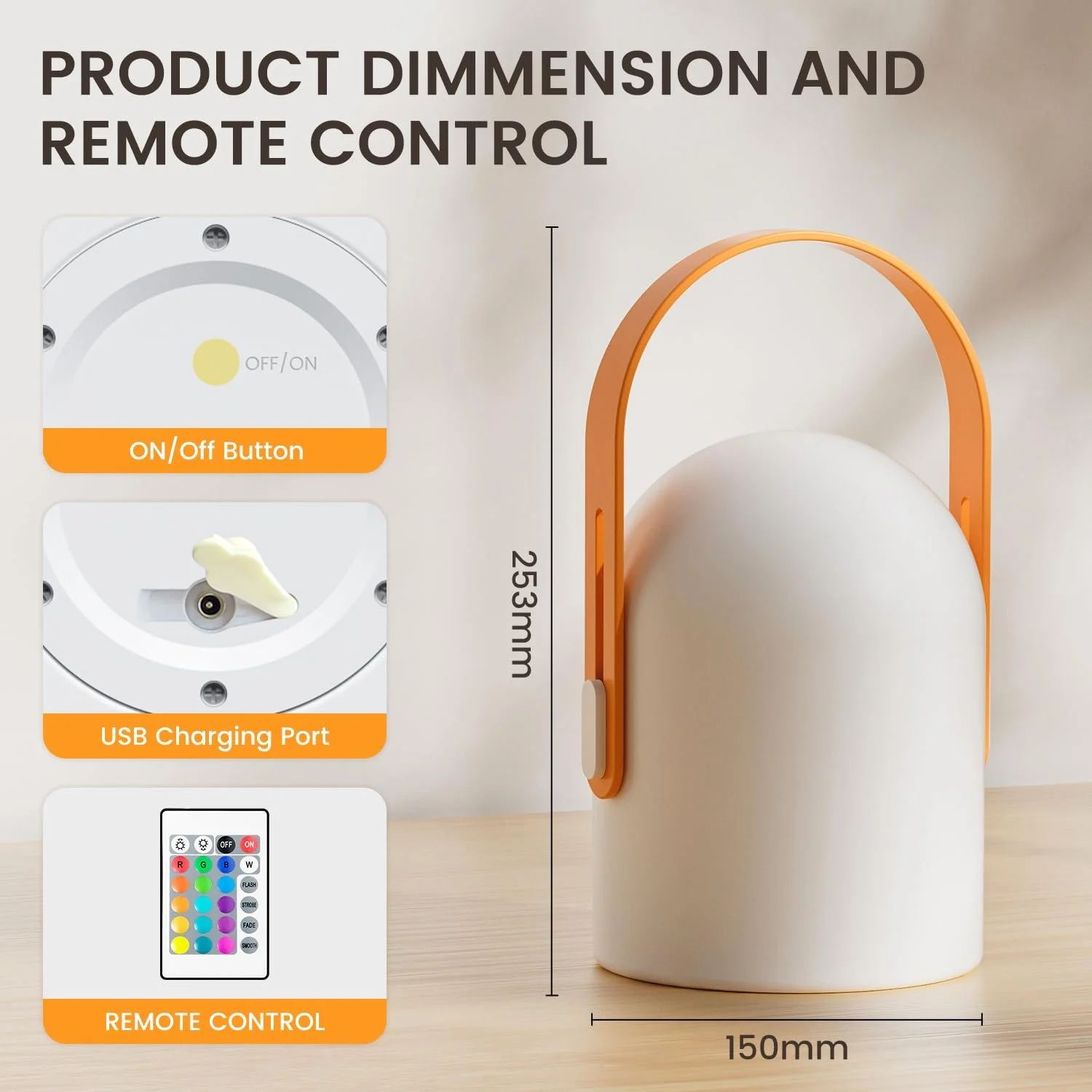 Світлодіодна настільна лампа gabless Бездротова з пультом ДК 16 кольорів IP44 1800 мАг Помаранчева, фото №6