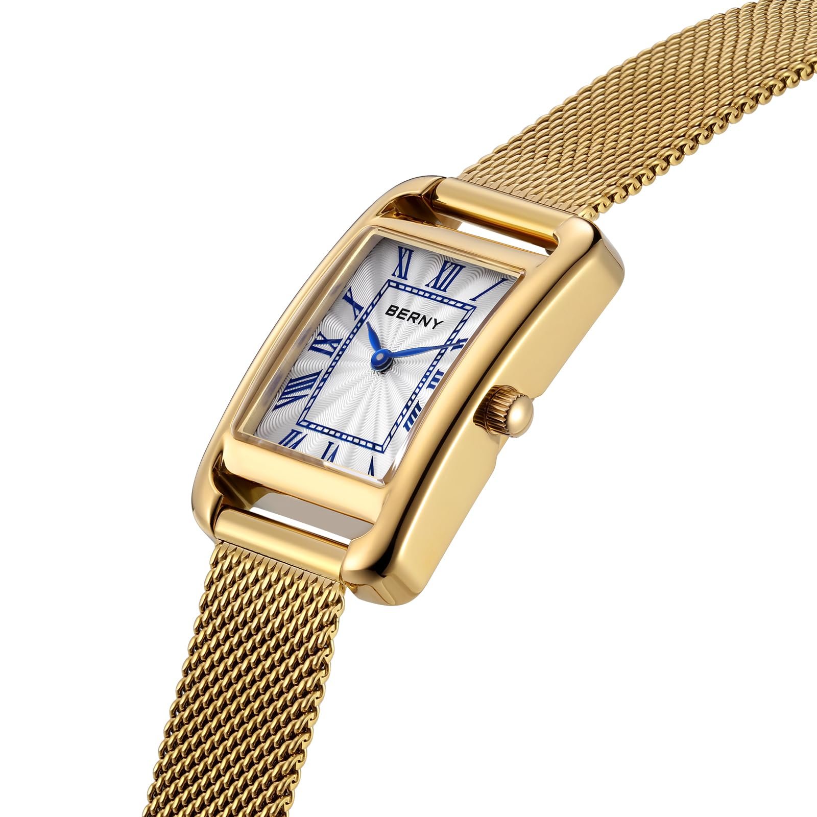 BERNY Прямоугольные Женские Классические Наручные Водонепроницаемые Кварцевые Часы с Римскими Цифрами и Сетчатым Ремешком, фото №2 BERNY Прямоугольные Женские Классические Наручные Водонепроницаемые Кварцевые Часы с Римскими Цифрами и Сетчатым Ремешком, фото №2