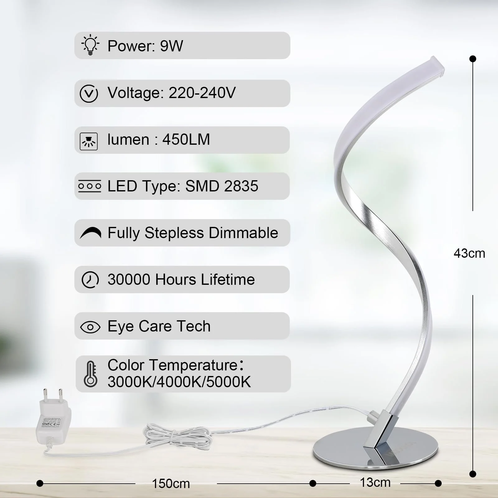 Настільні лампи LED комплект 2 шт. спіральні димовані сенсорне управління S-подібні металеві 3000 K - 5000 K, фото №7