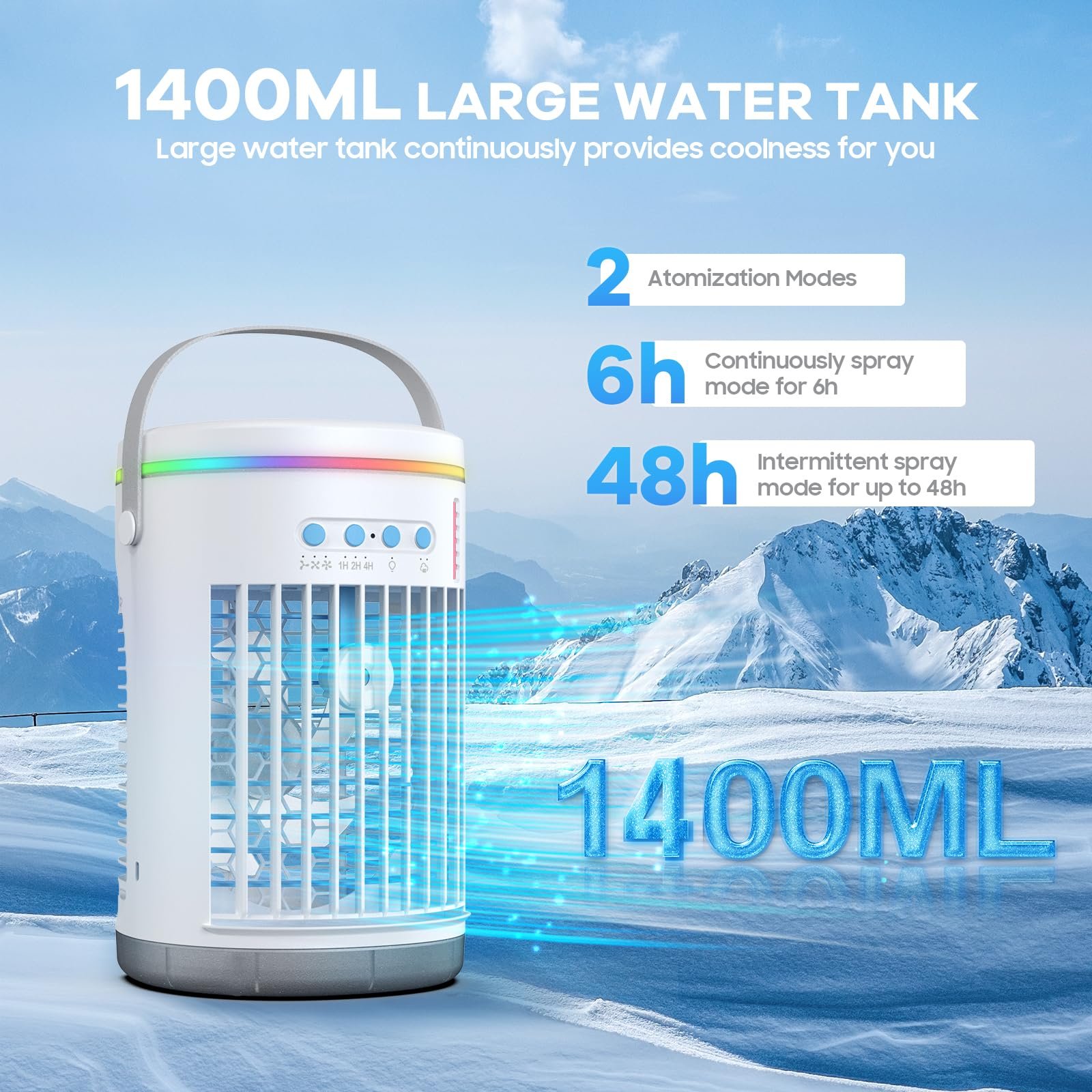 Мобільний міні-кондиціонер та зволожувач повітря 1400 мл 3 швидкості з дистанційним керуванням портативний, фото №2