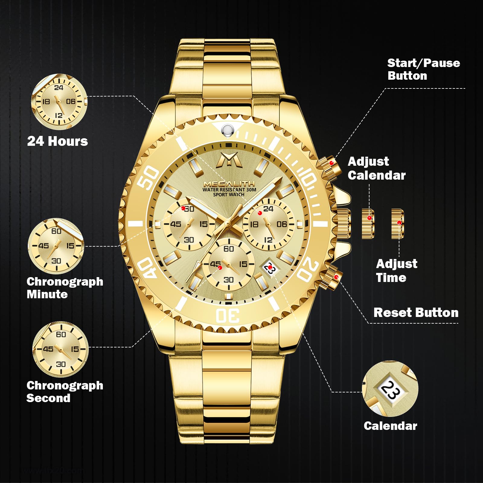 Годинник MEGALITH Чоловічий Хронограф Нержавіюча сталь Золотий 43 мм Водонепроникний Люмінесцентний Анемометр Чоловічий Елегантний Подарунок C2 Золото Нержавіюча сталь, фото №6 Годинник MEGALITH Чоловічий Хронограф Нержавіюча сталь Золотий 43 мм Водонепроникний Люмінесцентний Анемометр Чоловічий Елегантний Подарунок C2 Золото Нержавіюча сталь, фото №6