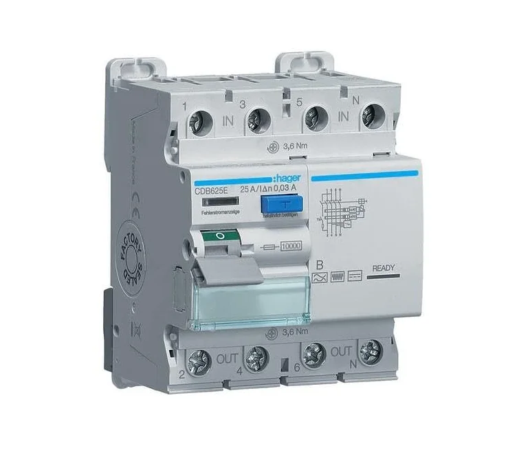 Диференціальний автомат Hager CDB625E 4P 10кА 25A 30мА Type-B Сірий, фото №1