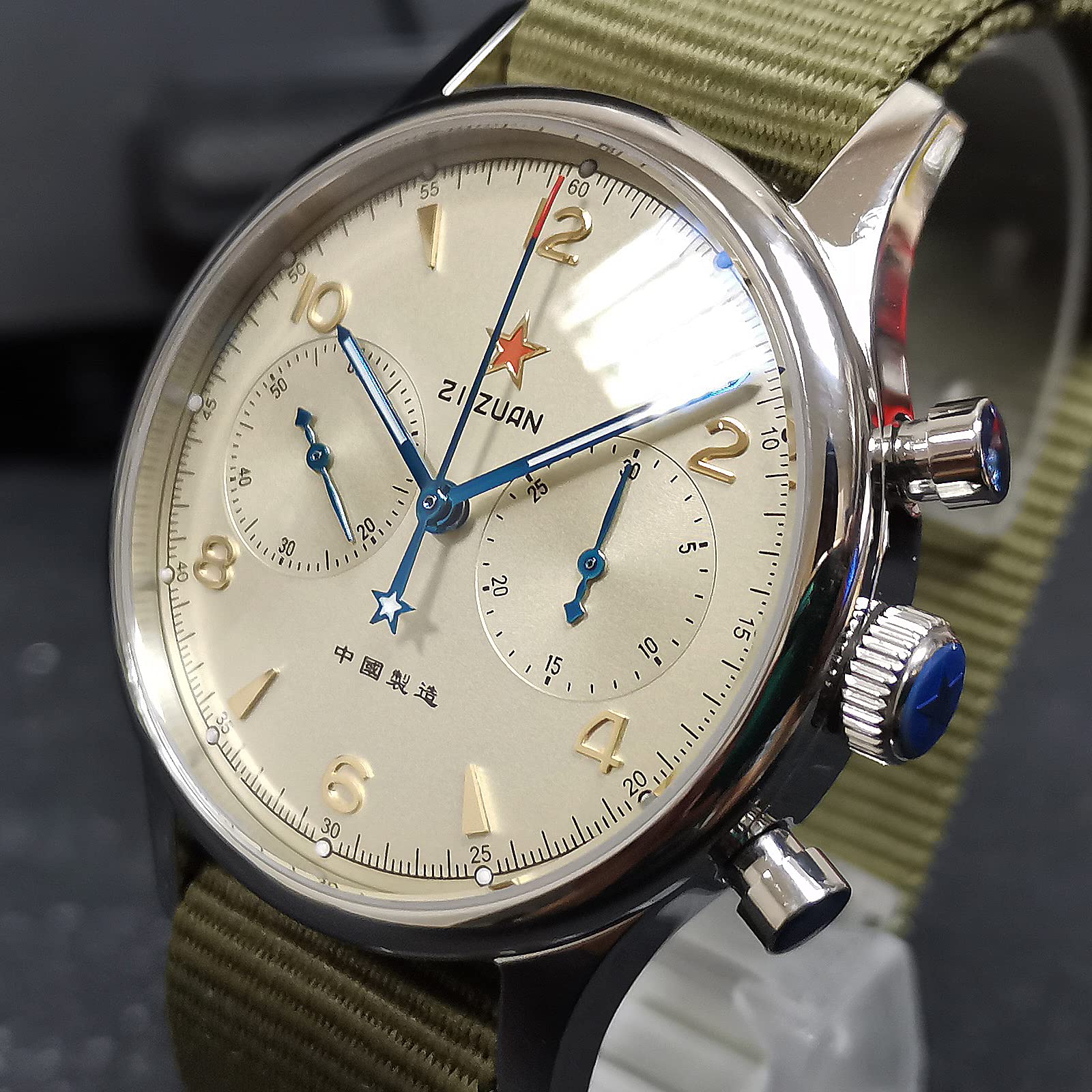 Чоловічий годинник Gooseneck Seagull Chronograph 1962 40mm Сяючий Сапфірове скло Нейлоновий ремінець ST1901 Рух Зелений, фото №4