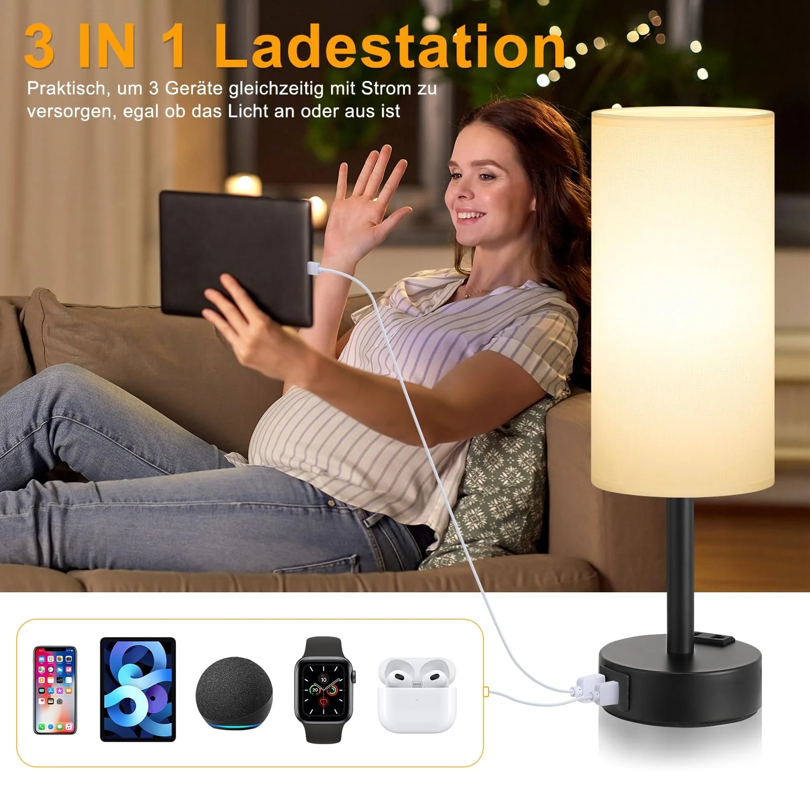 Настільна лампа Kakanuo Сенсорна USB A+C Розетка Лляний абажур, фото №4