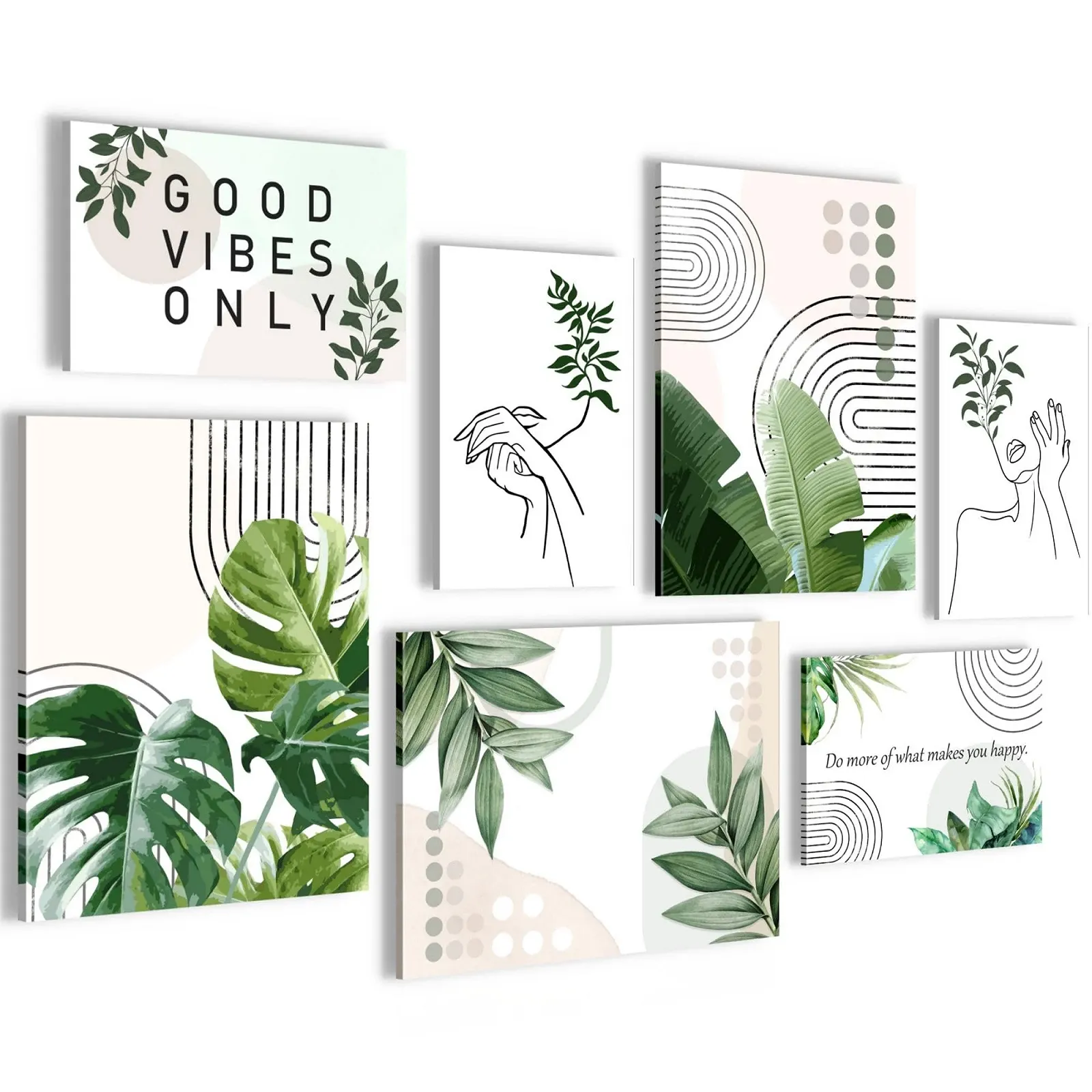 Настінні картини Novart N034371a Абстрактні фігури Листя 7 шт. Бежево-біло-зелений, фото №1