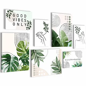 Настінні картини Novart N034371a Абстрактні фігури Листя 7 шт. Бежево-біло-зелений - Фото 1