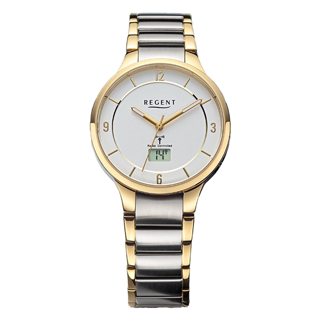 Женские радиоуправляемые часы REGENT Аналого-цифровые URFR288 Металлический ремешок Серебристый Золотистый, Серебристый, золотой серебристый, Браслет, фото №1