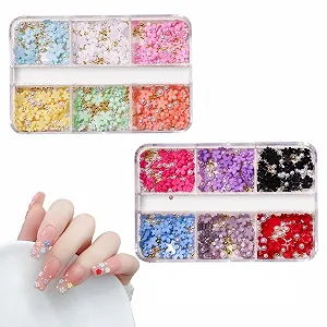 Декор для ногтей 3D Flower Nail Charms 2 коробки цветы и стразы 3/6/9 мм розово-белые микс - Фото 1