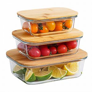 Контейнери для зберігання їжі Meal Prep скляні з бамбуковою кришкою герметичні набір 3 шт. - Фото 1