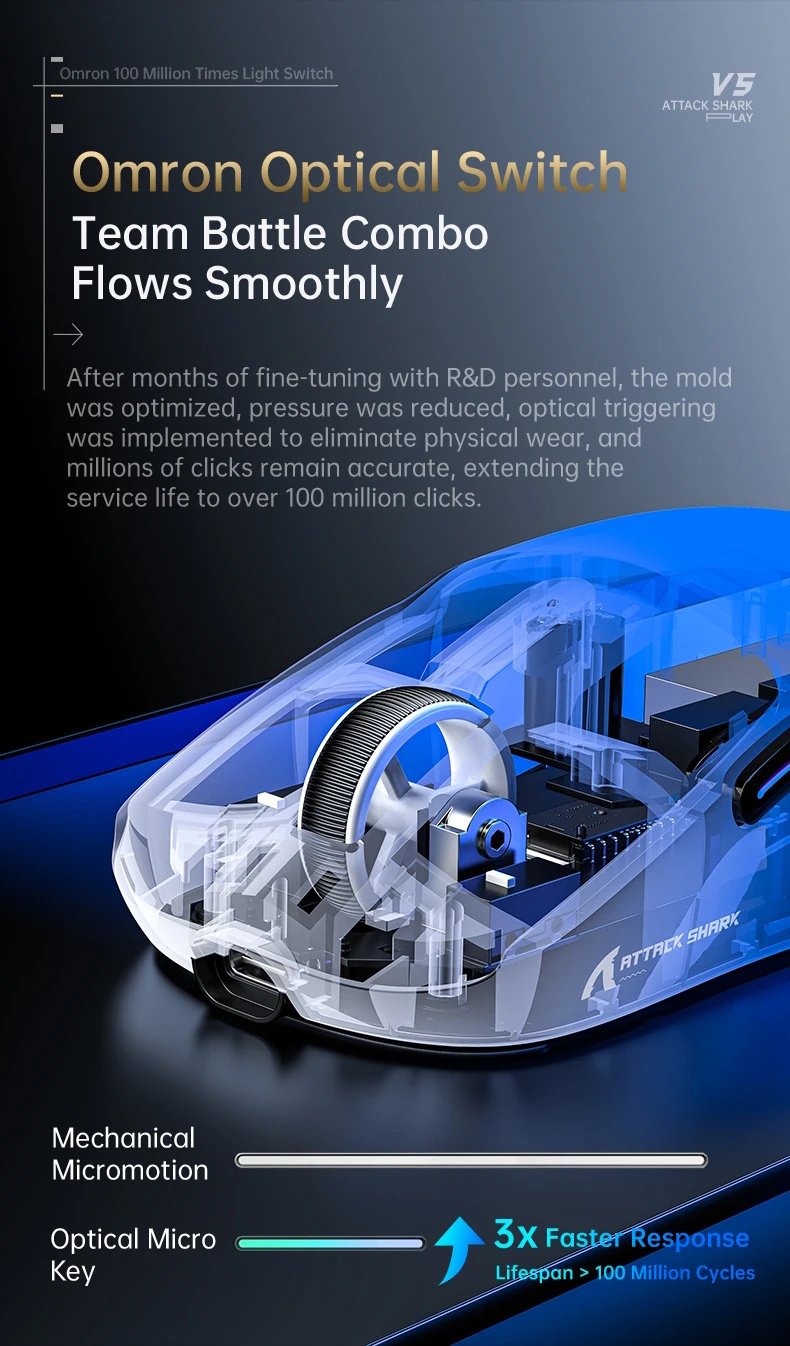 Ігрова мишка Attack Shark V5 Black PAW3950MAX 42K DPI 8000Гц 750IPS 50G, фото №10