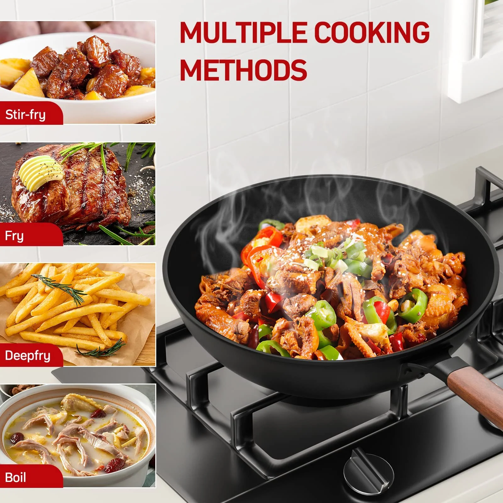 Сковорідка-Wok Jobin 33 см / 5.6 л з кришкою, вуглецева сталь, для азіатських страв, для 4-6 осіб, фото №5 Сковорідка-Wok Jobin 33 см / 5.6 л з кришкою, вуглецева сталь, для азіатських страв, для 4-6 осіб, фото №5