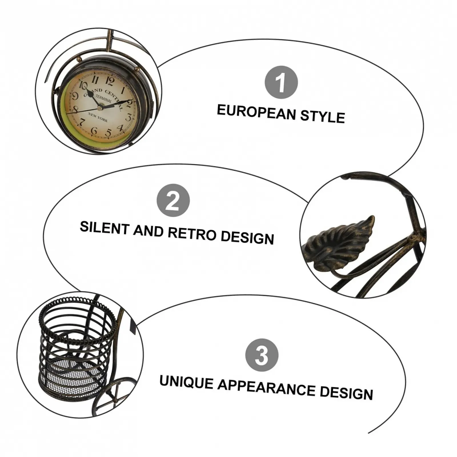 Настільний годинник MUCKLILY Вінтажний металевий з тихим механізмом, ПВХ скло, європейський ретро дизайн, декоративний, фото №3