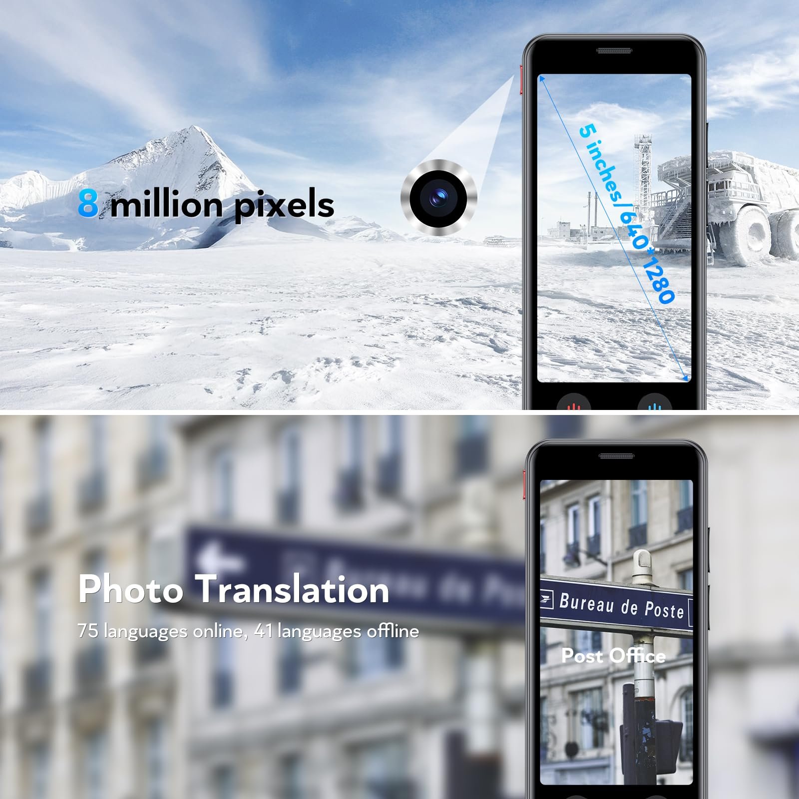 Перекладач A40, Голосовий AI з 5-дюймовим екраном, Фотопереклад 8 Mп, 139 мов, фото №4