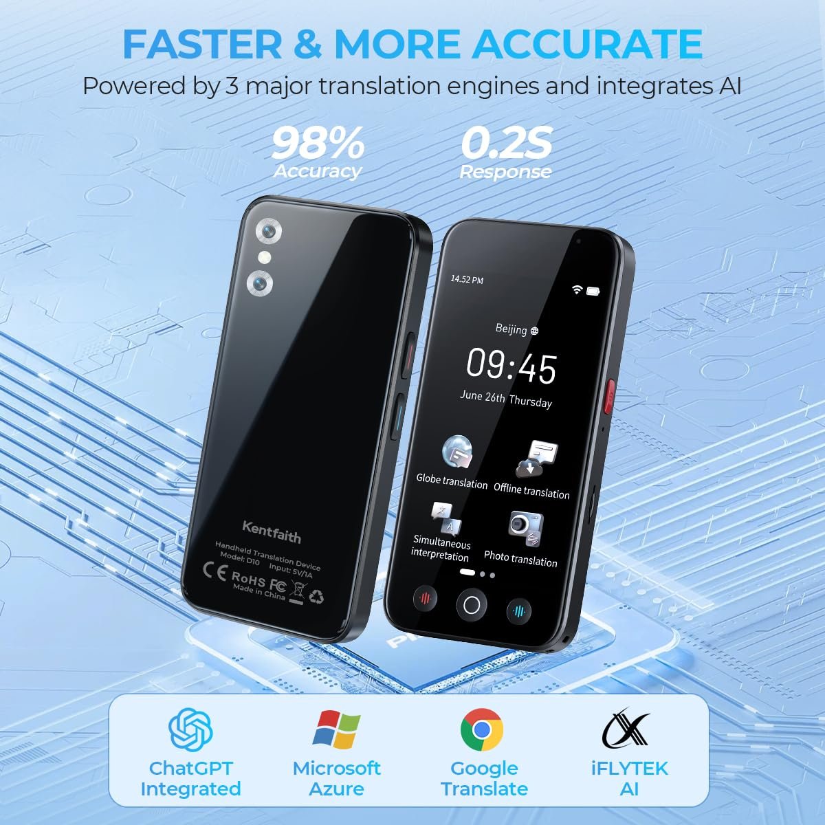 Пристрій для перекладу AI Kentfaith, переклад 144 мовами, миттєвий переклад 0.2 с, точність 98%, фото №4