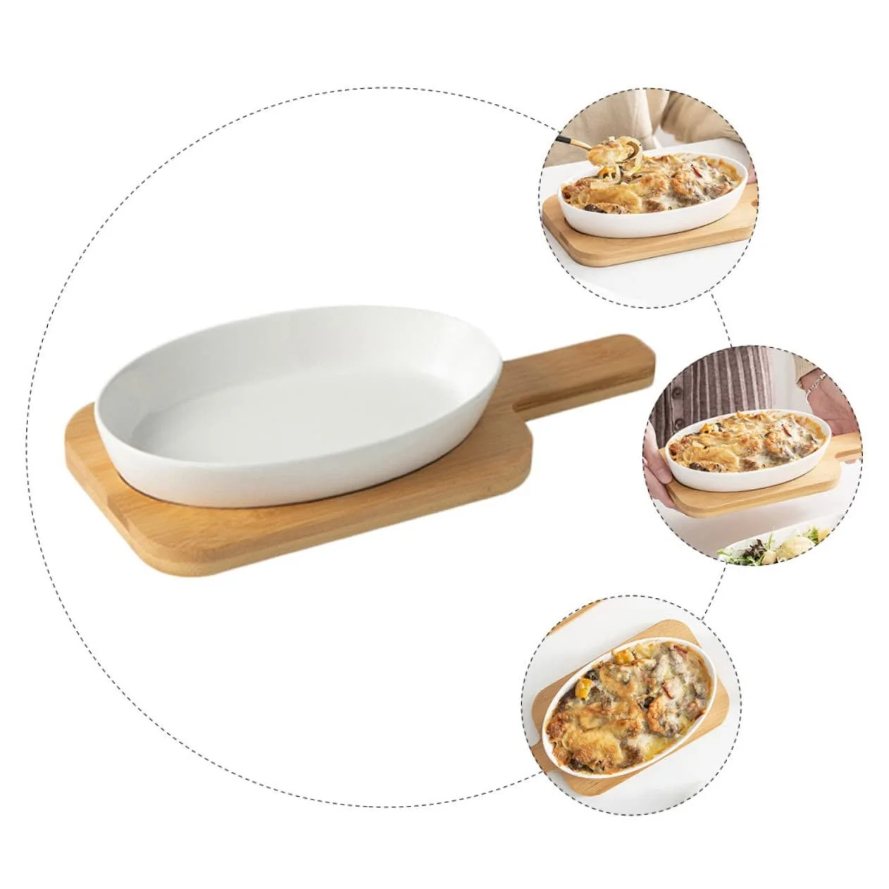Форма для запекания Amosfun керамическая овальная с деревянной подставкой жаропрочная, фото №4