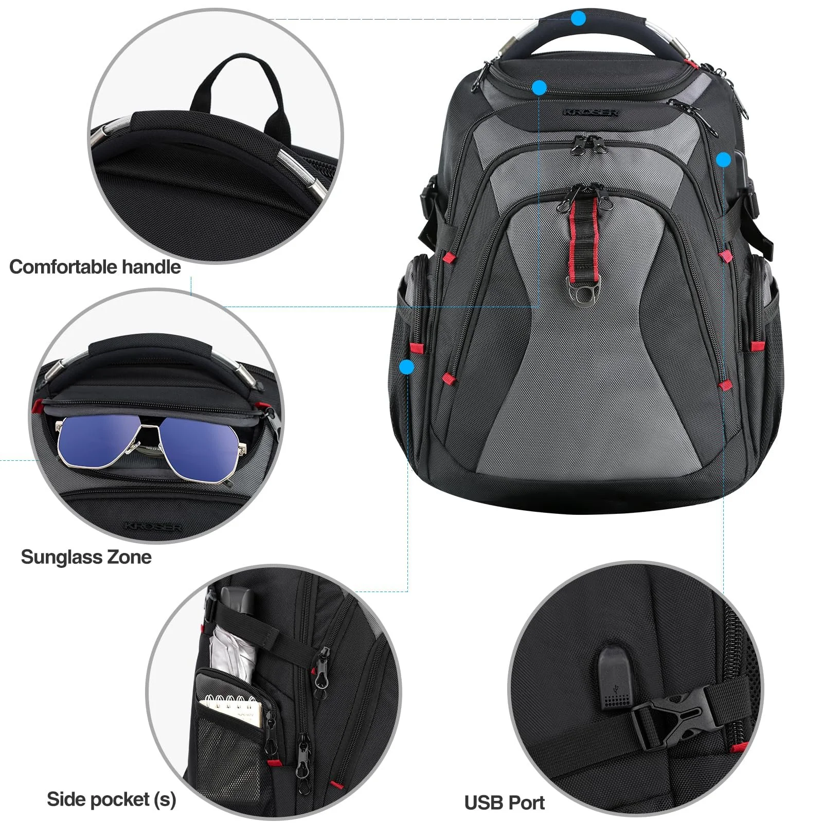Рюкзак для ноутбука KROSER XL 17.3" бизнес с RFID защитой черно-серый, фото №3 Рюкзак для ноутбука KROSER XL 17.3" бизнес с RFID защитой черно-серый, фото №3