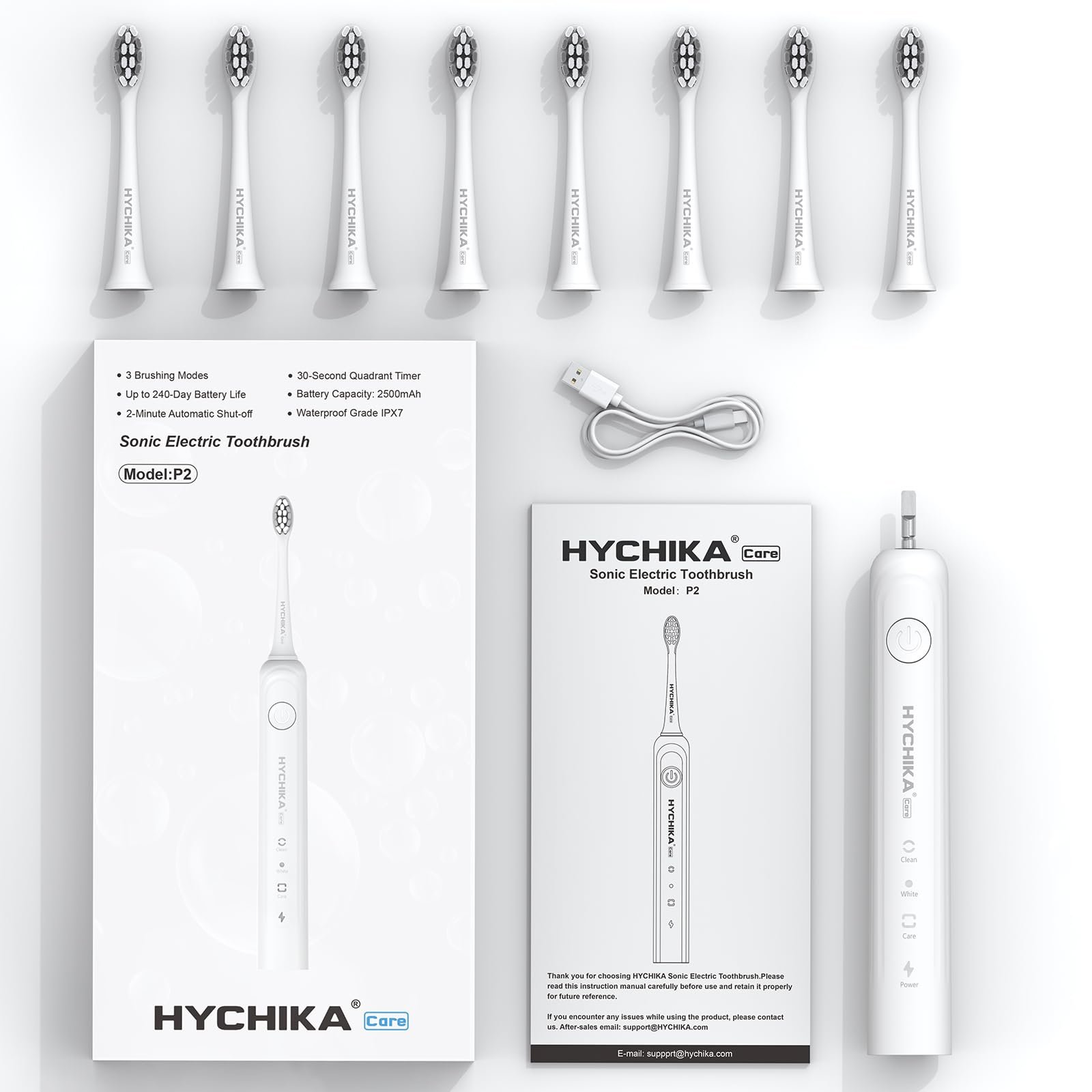 Електрична зубна щітка HYCHIKA ультразвукова, 3 режими, чорна, 8 насадок, фото №9