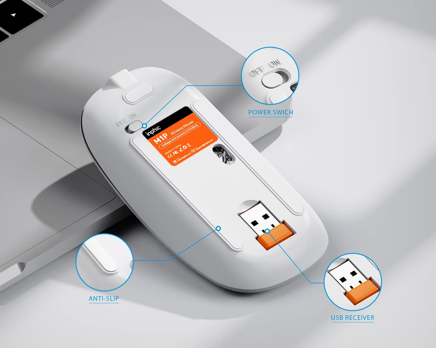 Мышь Inphic Беспроводная Перезаряжаемая Ультратонкая 2.4G Тихая Беспроводная Оптическая Компьютерная Мышь 1600 DPI с USB Приемником для Ноутбука ПК Mac MacBook Windows Office Видимый Уровень Заряда Батареи Белая, фото №5