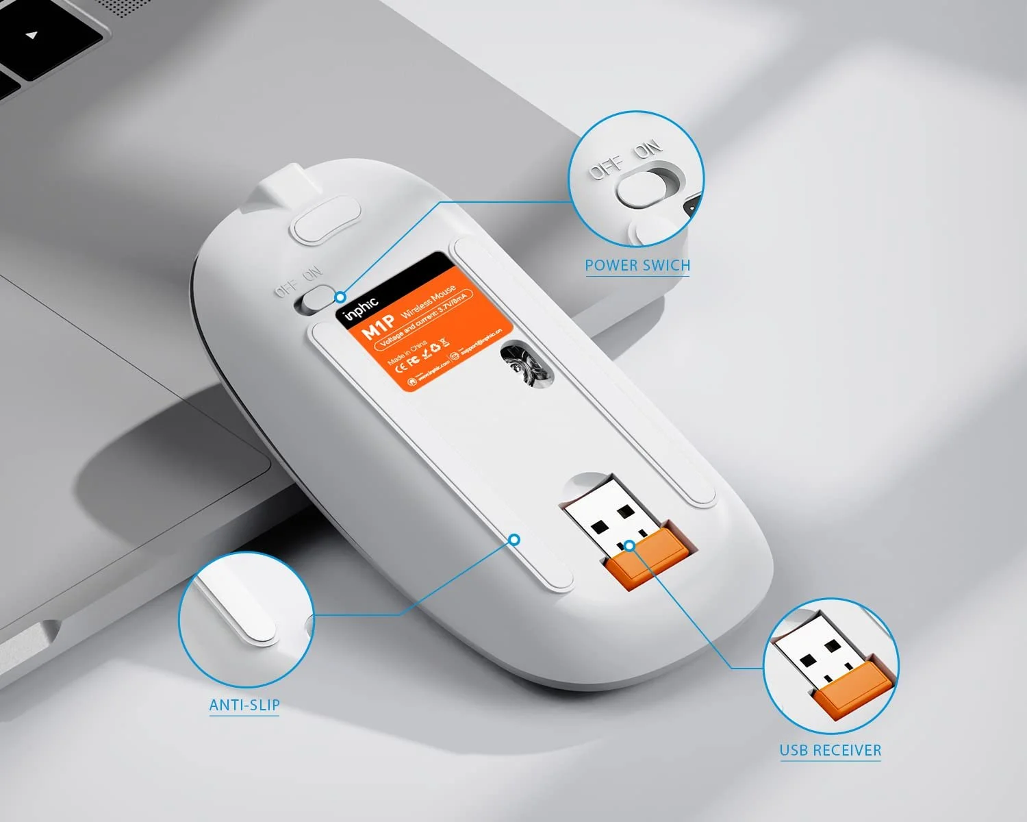 Мышь Inphic Беспроводная Перезаряжаемая Ультратонкая 2.4G Тихая Беспроводная Оптическая Компьютерная Мышь 1600 DPI с USB Приемником для Ноутбука ПК Mac MacBook Windows Office Видимый Уровень Заряда Батареи Белая, фото №5