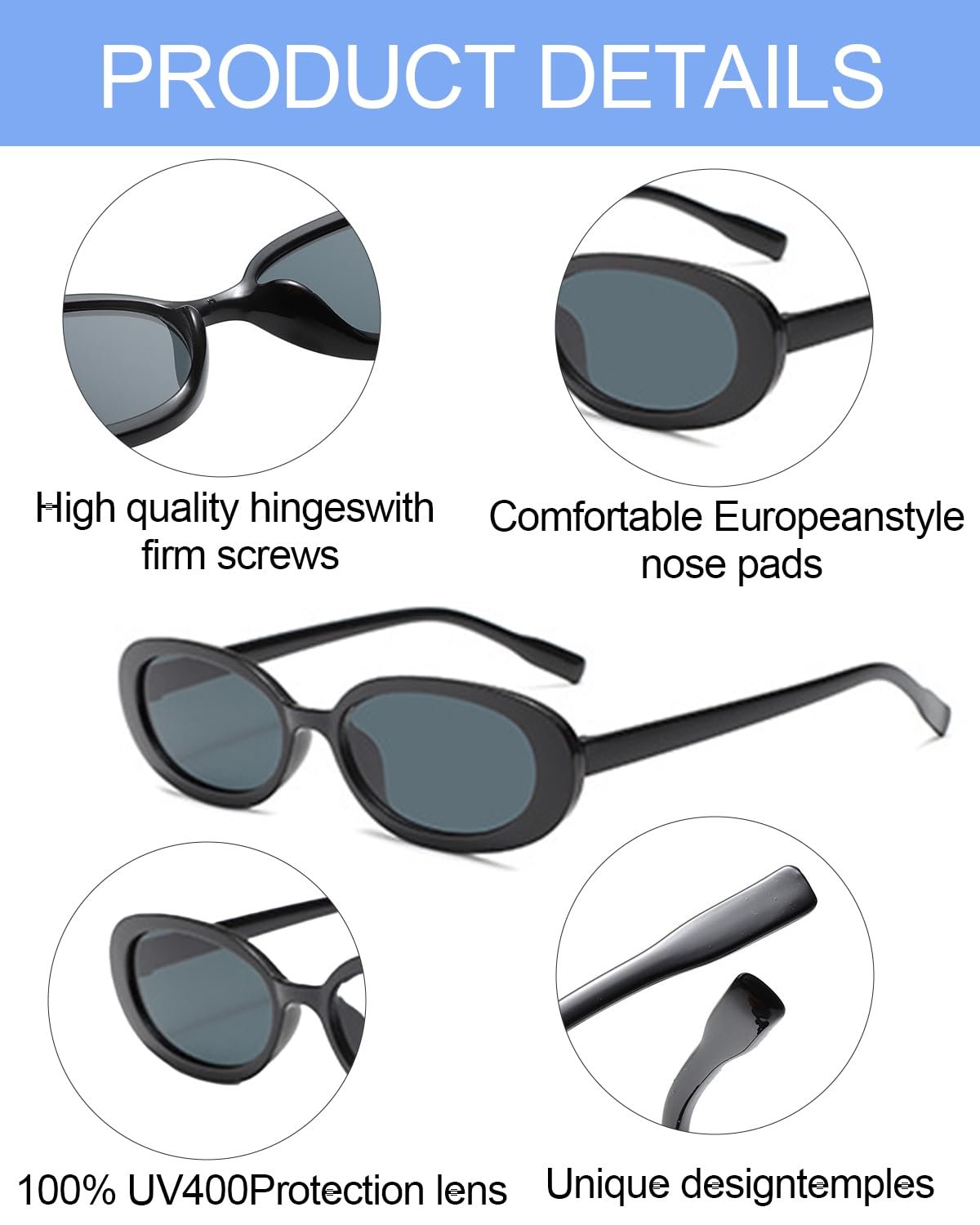 Вінтажні овальні сонцезахисні окуляри KGDUYC 3 шт, чорні, фото №3 Вінтажні овальні сонцезахисні окуляри KGDUYC 3 шт, чорні, фото №3