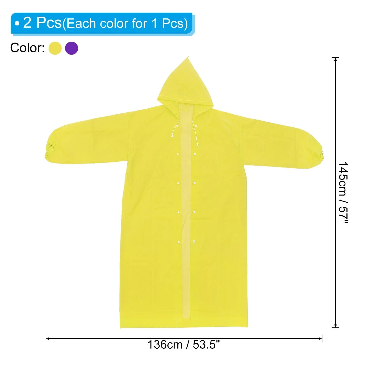 Дощовик PATIKIL 2 шт. Унісекс Потовщений Багаторазовий Водонепроникний Жовтий, Фіолетовий, фото №2