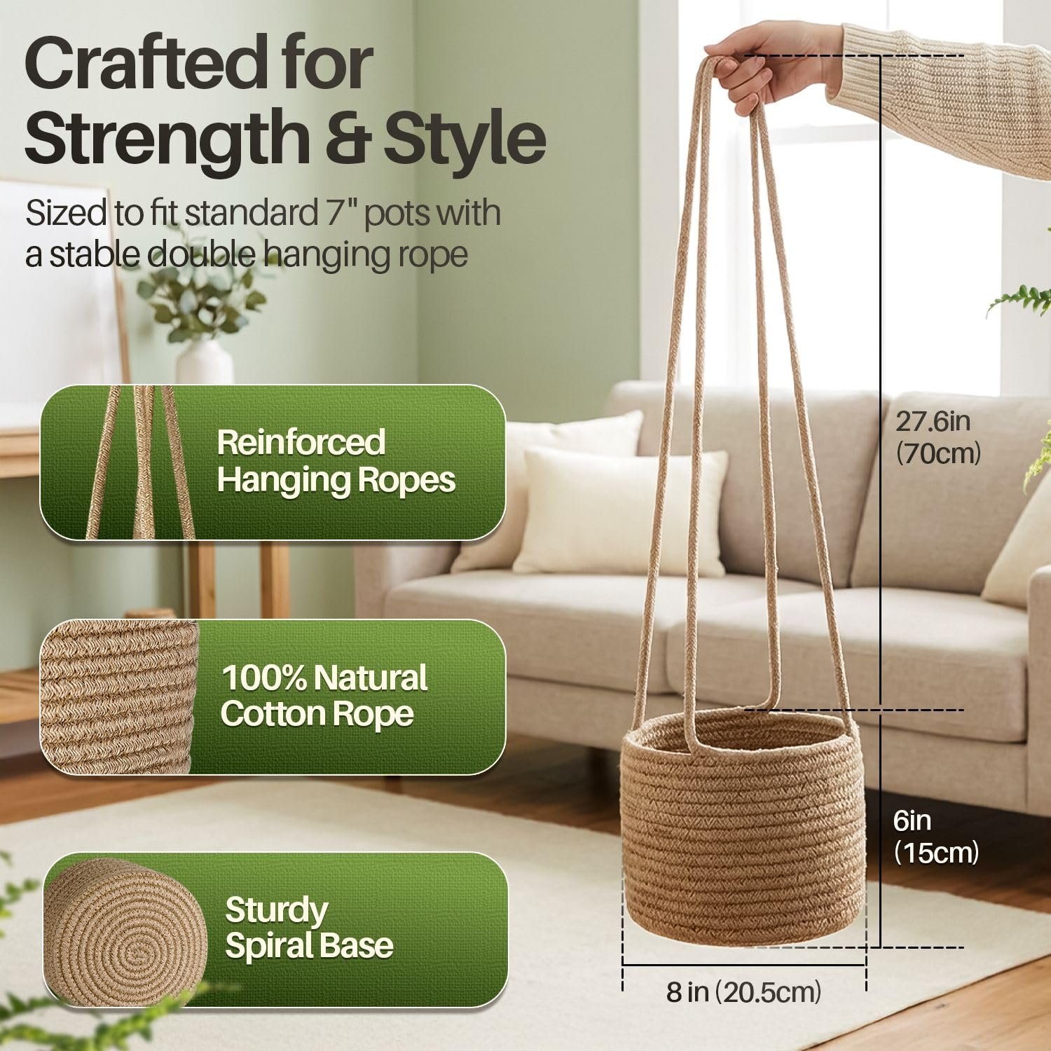 Підвісний кошик для рослин Flexzion Набір з 2 шт. Бавовняна мотузка Макраме 20 дюймів Білий, фото №7 Підвісний кошик для рослин Flexzion Набір з 2 шт. Бавовняна мотузка Макраме 20 дюймів Білий, фото №7