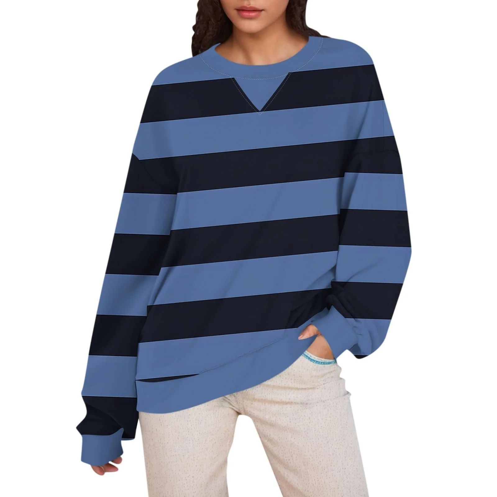 Жіночий світшот Generisch Однотонний з круглим вирізом Повсякденний смугастий, фото №5