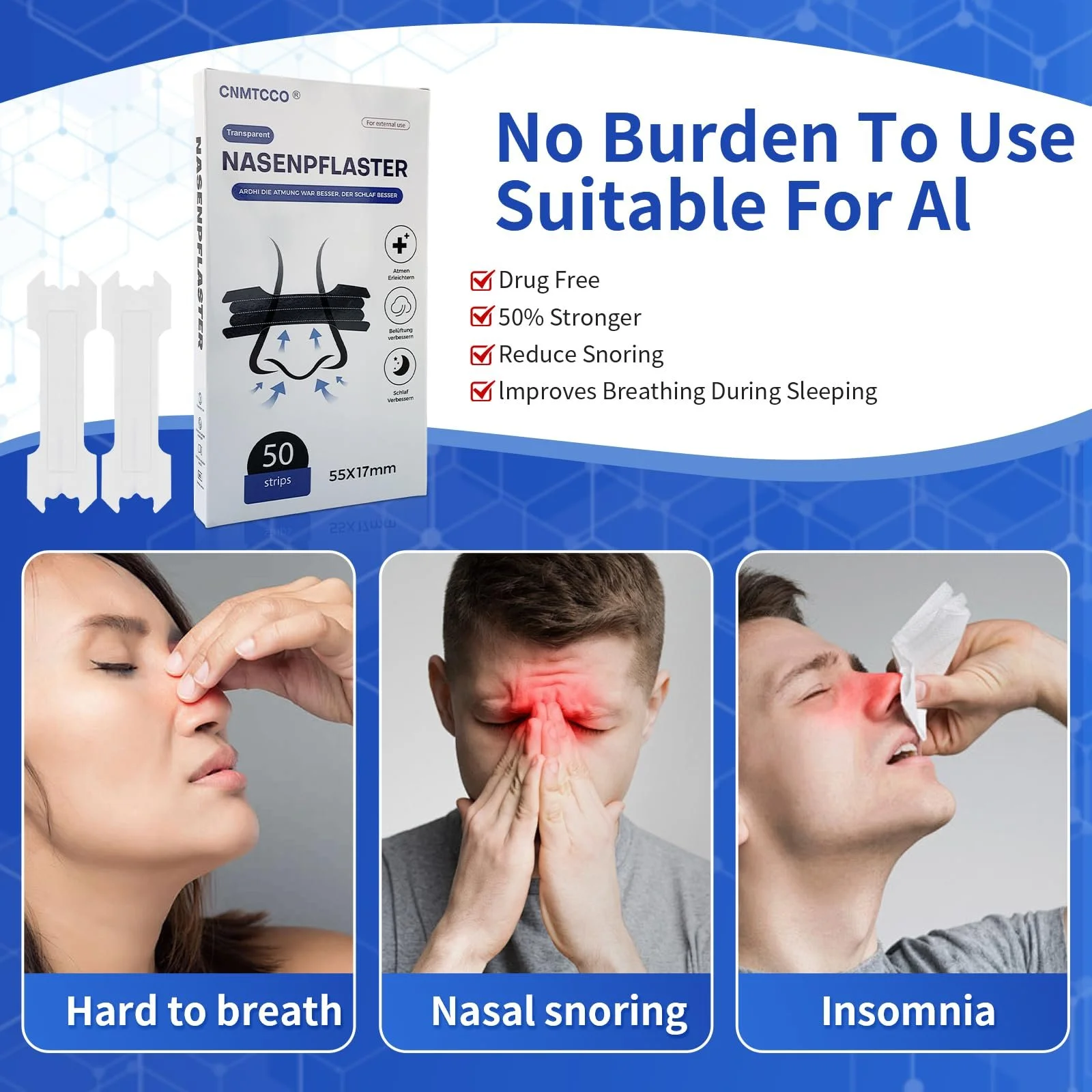 Пластыри на нос CNMTCCO, Чрезвычайно прочные плдля лучшего дыхания, облегчение заложенности носа через насморк и аллергию, улучшение сна (Прозрачные, 50 штук, 55 x 16 мм), фото №4