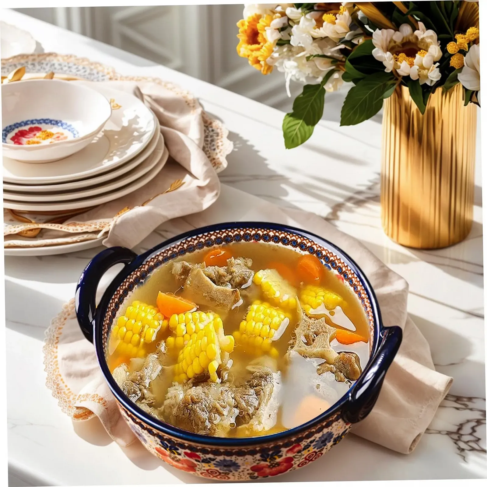 Форма для запікання 950 мл кругла керамічна термостійка з двома ручками та квітковим принтом, фото №5