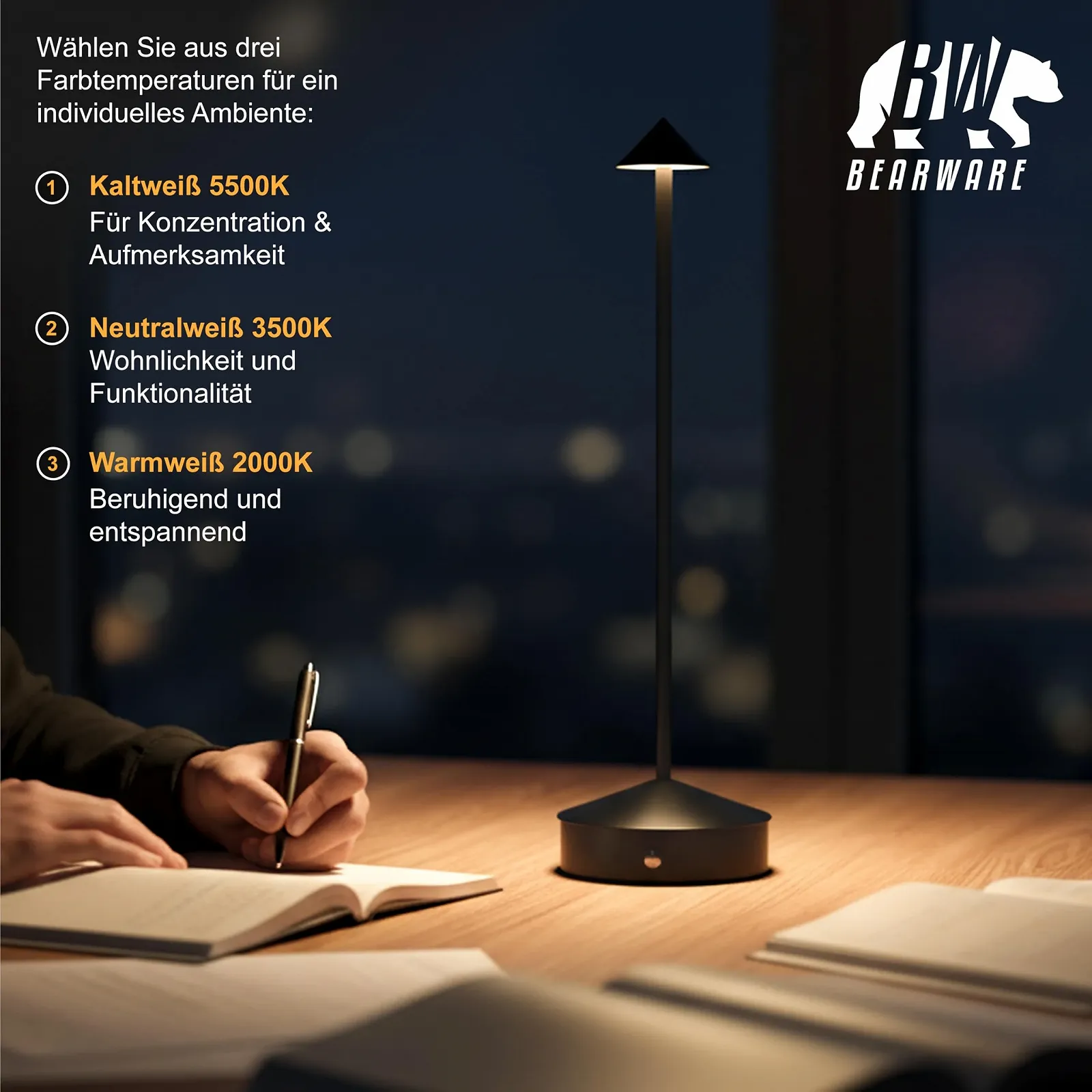 Настольная лампа CSL LED Беспроводная Диммируемая 3 цвета Акумуляторная USB-C Черная, фото №5