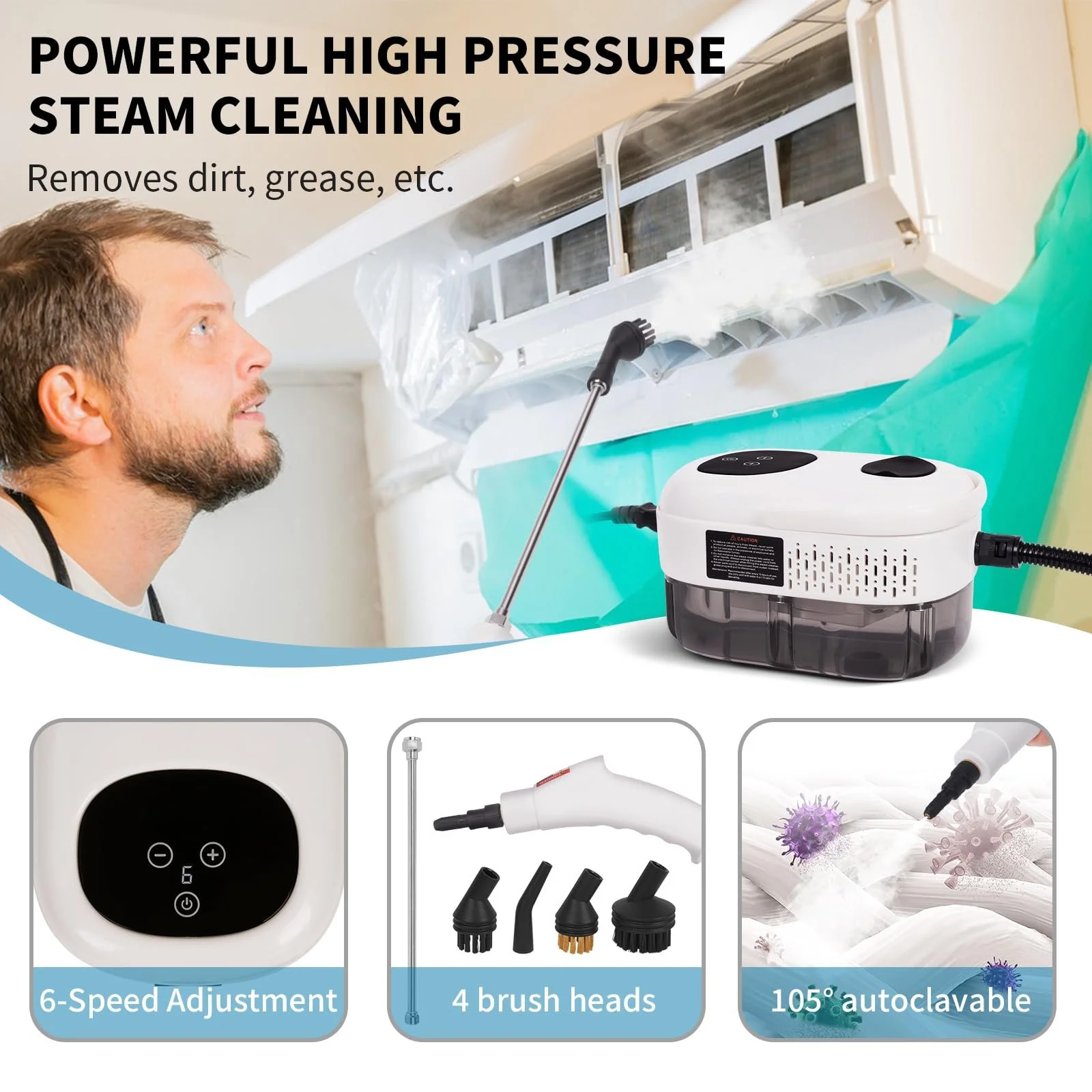 Пароочисник ручний 2500 W 1000 ml 6 швидкостей 5 типів щіток для кухні меблів підлоги ванної та авто вікон, фото №3 Пароочисник ручний 2500 W 1000 ml 6 швидкостей 5 типів щіток для кухні меблів підлоги ванної та авто вікон, фото №3