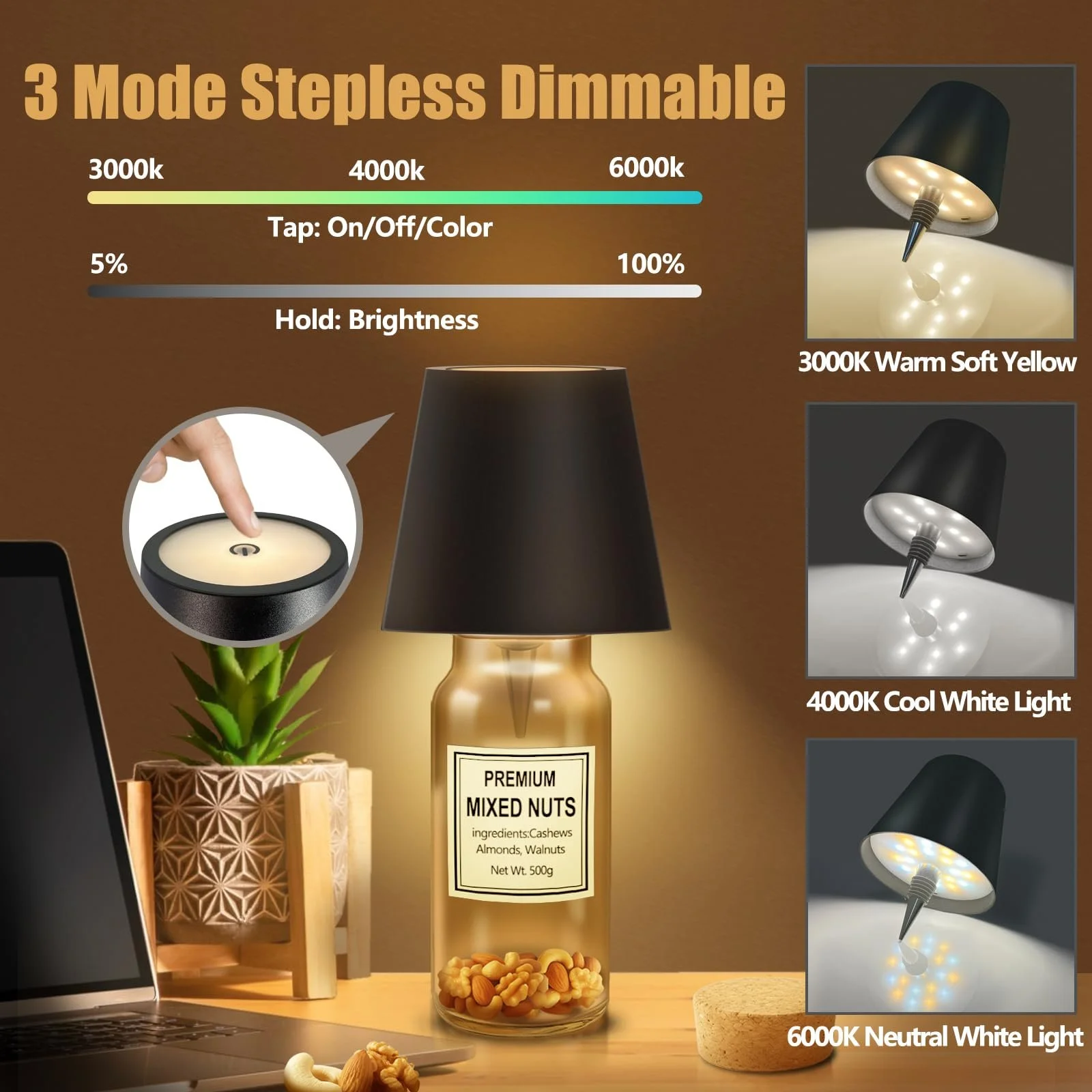 Настільна лампа для пляшок LED акумуляторна сенсорна 3 колірні температури, фото №3