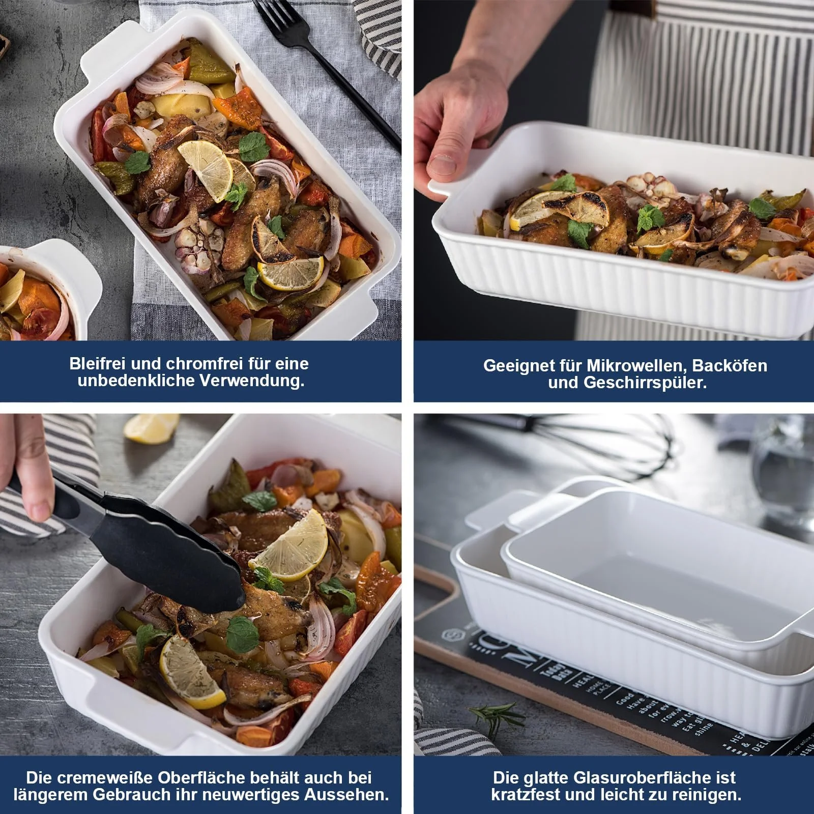 Набор форм для запекания 2 шт. прямоугольные керамические с ручками белый, фото №5 Набор форм для запекания 2 шт. прямоугольные керамические с ручками белый, фото №5