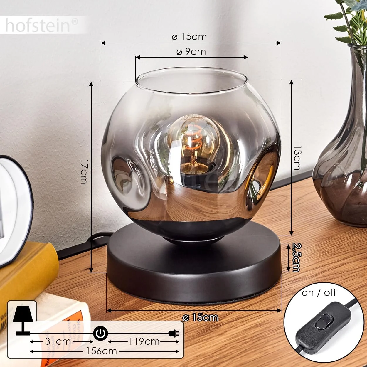 Настільна лампа Ripoll Metal/Glass Modern Retro/Vintage 15 см E27 Чорний/Димчастий/Прозорий, фото №5