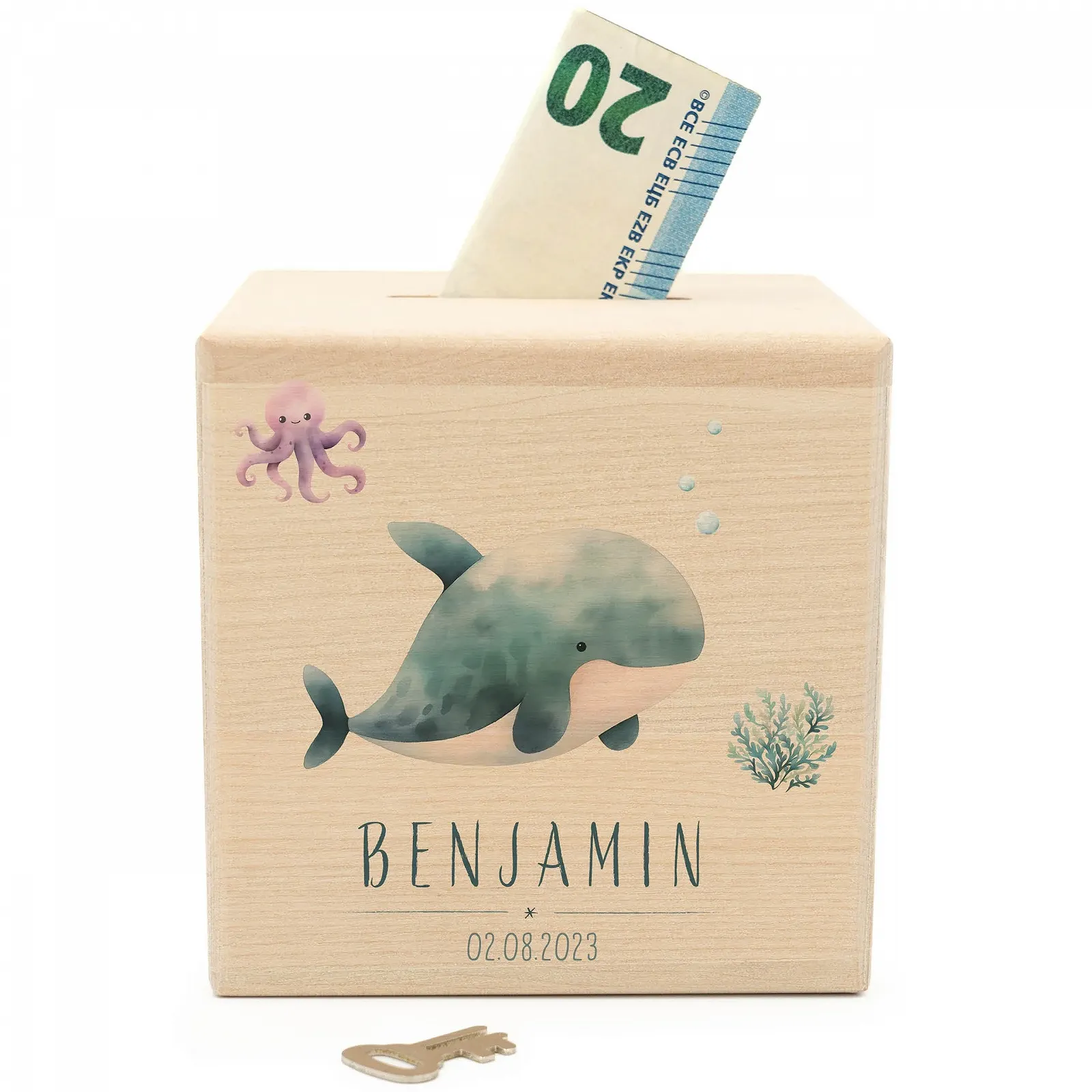 Копилка Geschenkfreude Whale деревянная с замком 10 х 10 см Китенок, фото №1