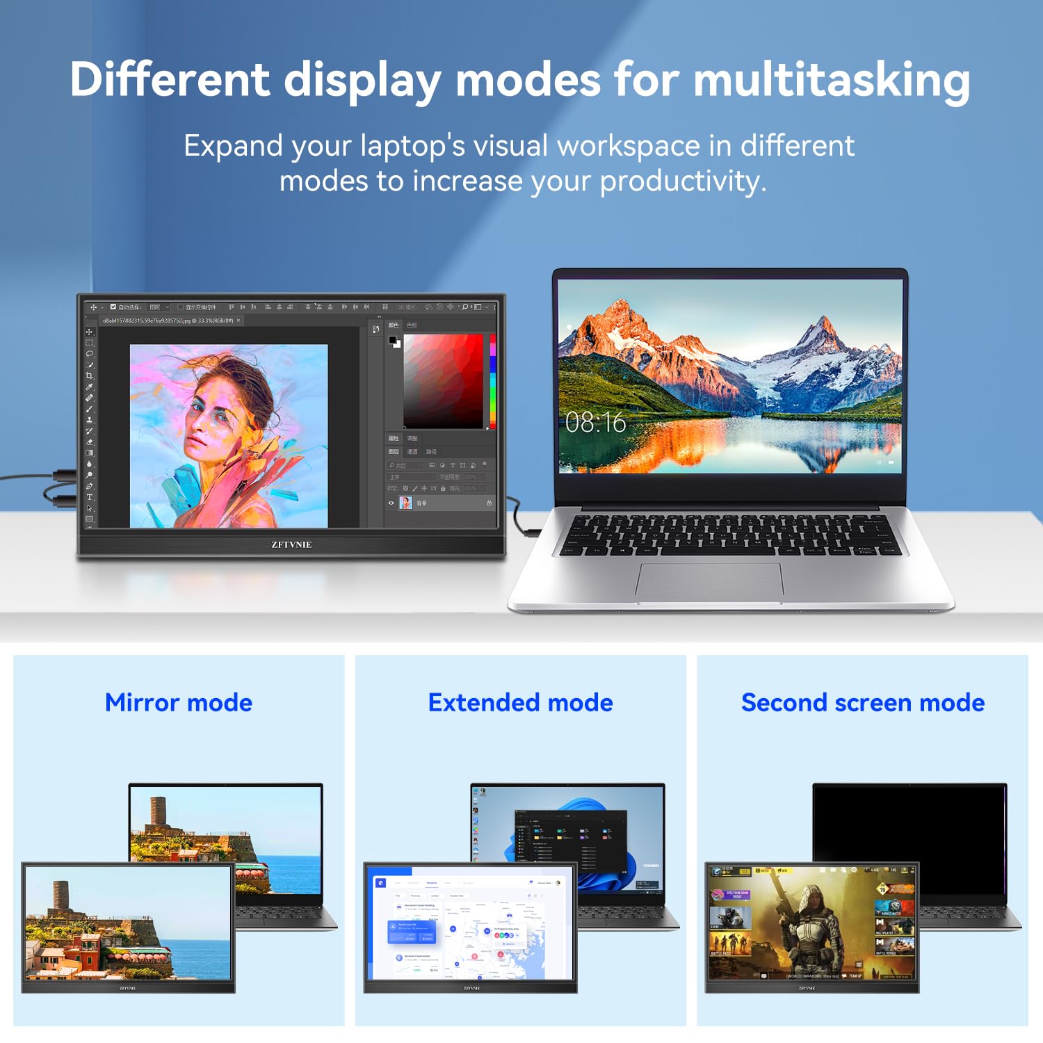 Монітор ZFTVNIE Touchscreen Portable 14 дюймів FHD 1920 x 1080P IPS HDR Display Touchscreen HDMI USB Type-C, фото №6