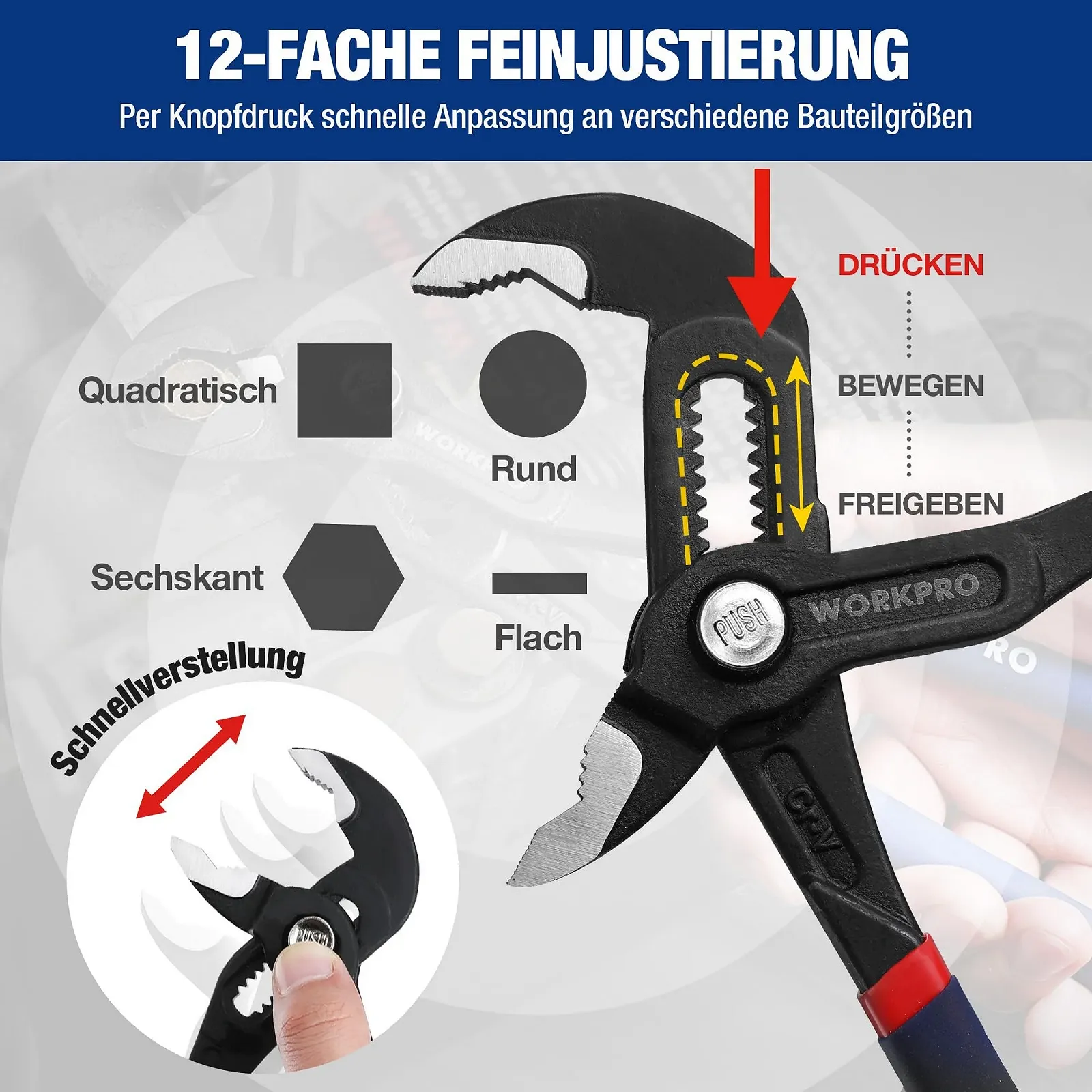 Клещи переставные WORKPRO Professional 250 мм, трубный ключ из Cr-V стали, регулируемый быстросъемный с пазом скользящего соединения Макс. открытие: 43 мм, фото №6 Клещи переставные WORKPRO Professional 250 мм, трубный ключ из Cr-V стали, регулируемый быстросъемный с пазом скользящего соединения Макс. открытие: 43 мм, фото №6