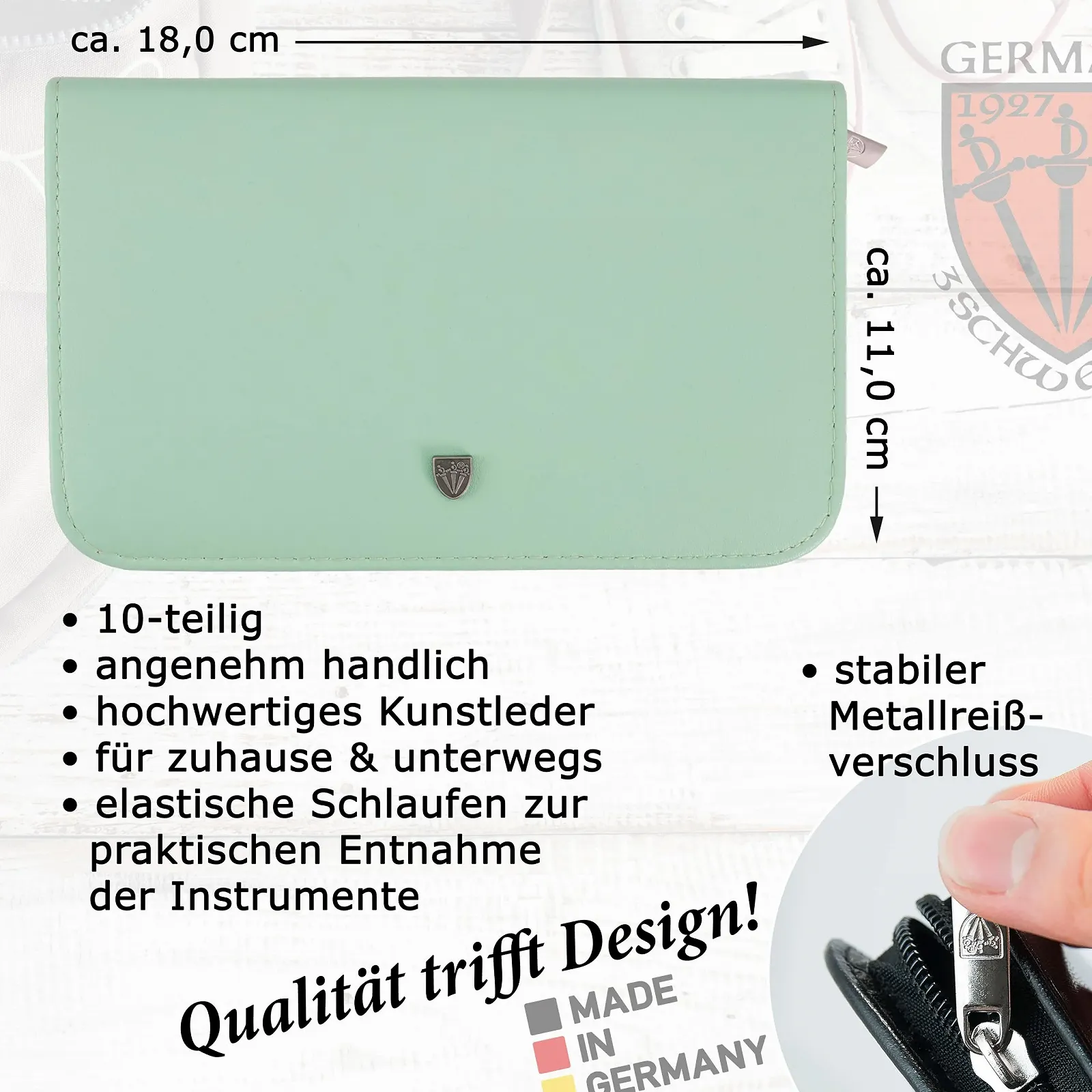 Набор для маникюра DREI SCHWERTER Spezia 10 предметов, чехол из искусственной кожи мятного цвета, фото №3